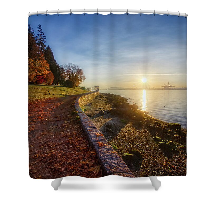 Autumn Shower Curtain featuring the photograph Colorful Autumn Sunrise at Stanley Park #1 by Andy Konieczny