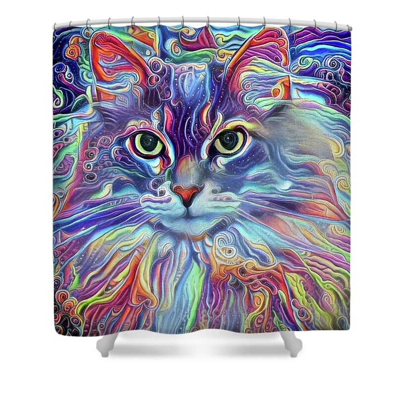 Long Haired Cat Shower Curtain featuring the digital art Colorful Long Haired Cat Art by Peggy Collins