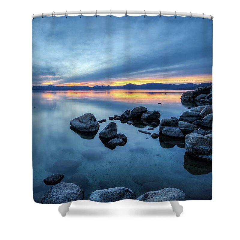 Beach Shower Curtain featuring the photograph Colorful Sunset at Sand Harbor #1 by Andy Konieczny