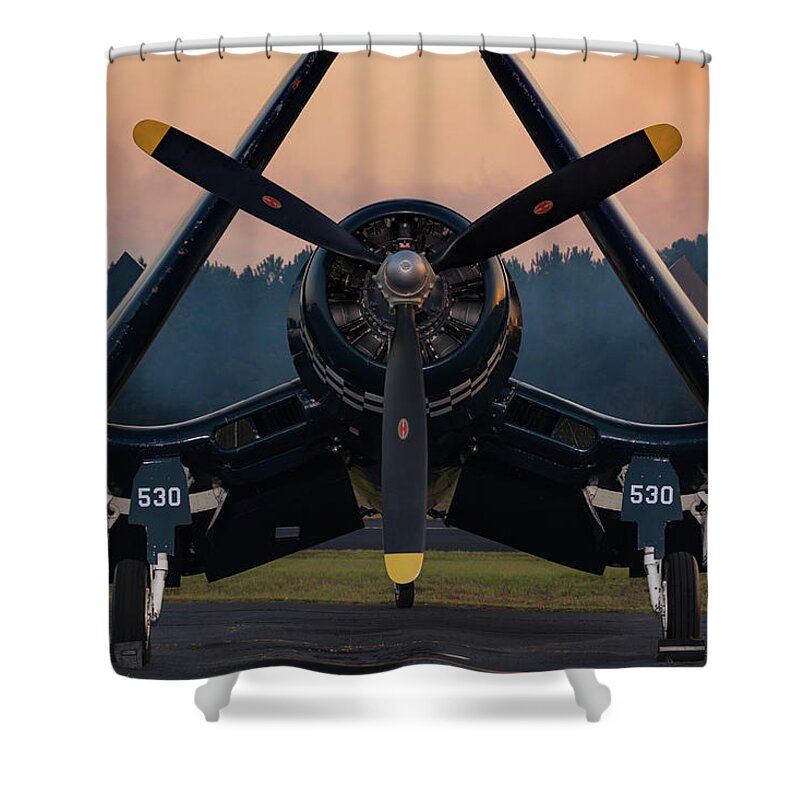F4u Shower Curtain featuring the photograph Corsair at Dusk #2 by Chris Buff
