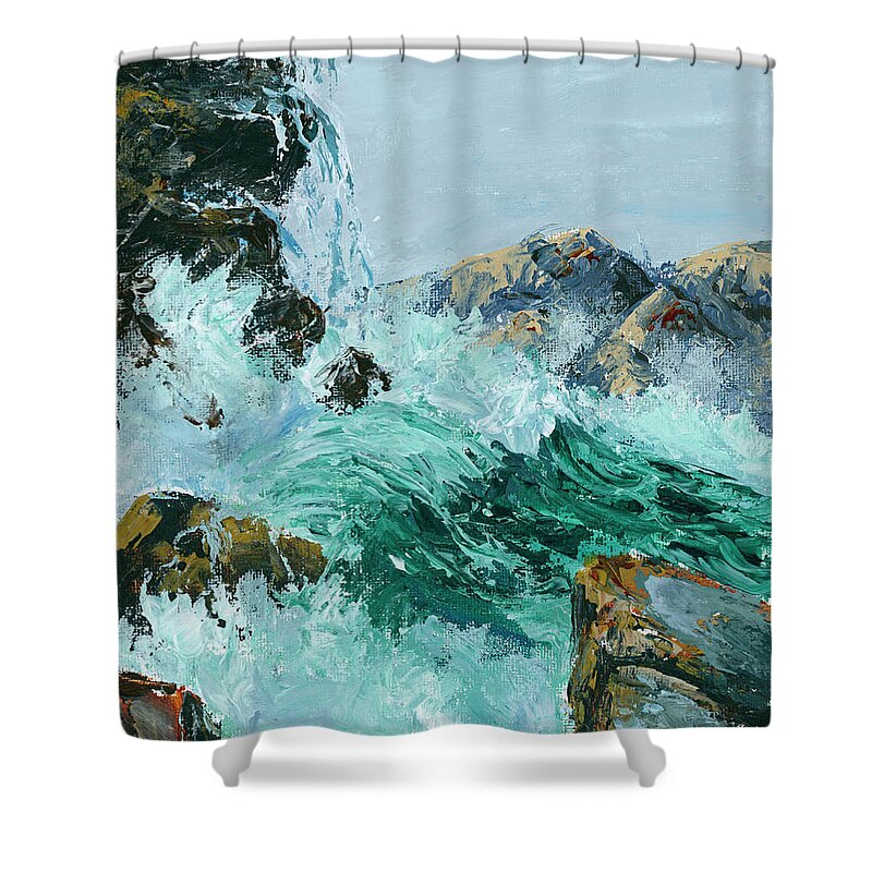 Seascape Shower Curtain featuring the painting Dancing With Waves by Darice Machel McGuire