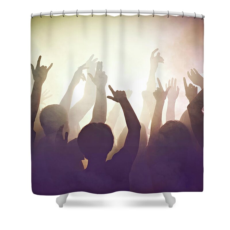 Young Men Shower Curtain featuring the photograph Crowd Of People At Concert Waving Arms #1 by Flashpop