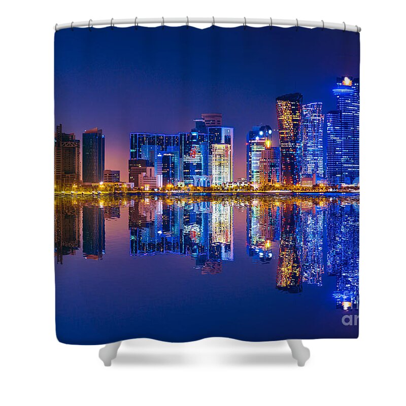 Doha Shower Curtain featuring the photograph Doha skyline reflection night #1 by Benny Marty