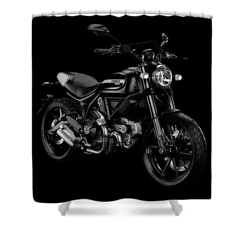 Ducati Shower Curtain featuring the mixed media Ducati Scrambler by Smart Aviation