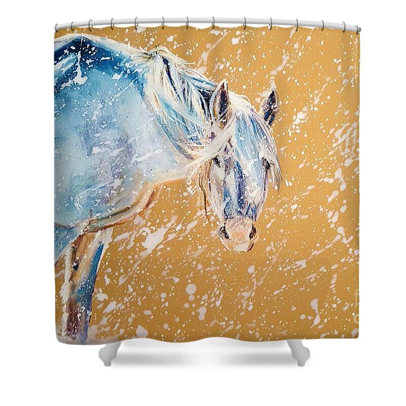 Horses In Snow Shower Curtain featuring the pastel Early Blizzard by Joni Beinborn