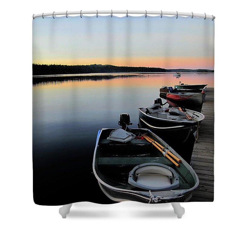Water's Edge Shower Curtain featuring the photograph Fishing Boats Line Dock At Sunset #1 by Wildroze