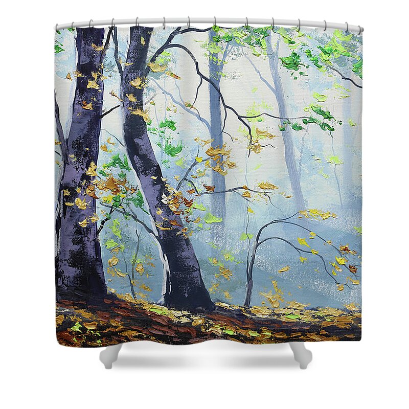 Woods Shower Curtain featuring the painting Forest Sunrays by Graham Gercken