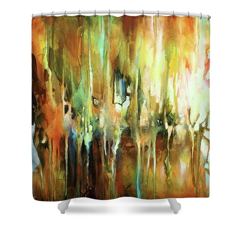 Abstract Shower Curtain featuring the painting Gravity by Michael Lang