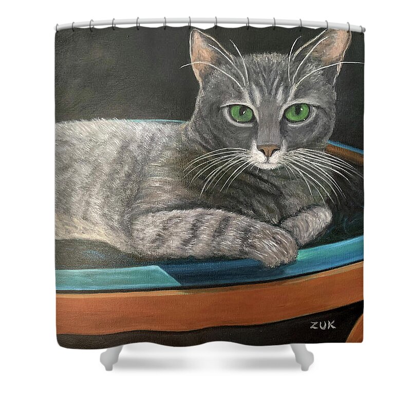 Karen Zuk Rosenblatt Art And Photography Shower Curtain featuring the painting Grey Tabby Cat by Karen Zuk Rosenblatt