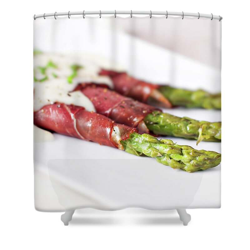 Melting Shower Curtain featuring the photograph Ham Rolls With Asparagus And Bechamel #1 by Svariophoto