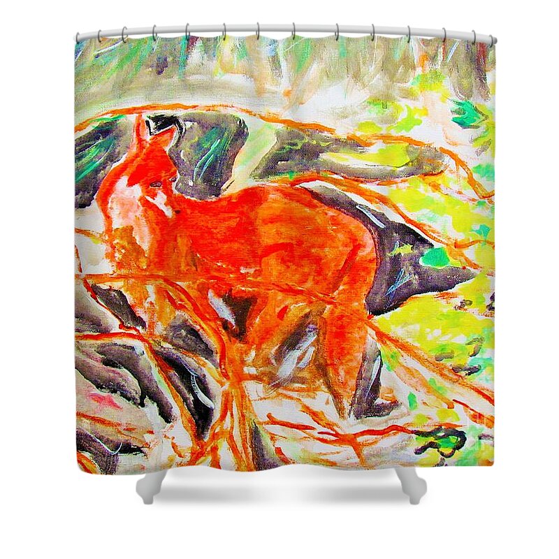 Hidden Fox Shower Curtain featuring the painting Hidden Fox #1 by Stanley Morganstein