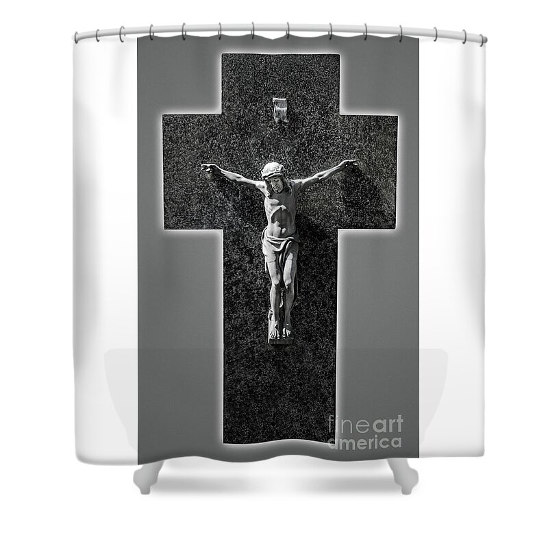 Jesus Christ Shower Curtain featuring the photograph Jesus Christ sculpture on a marble cross in black and white. #1 by Ulrich Wende