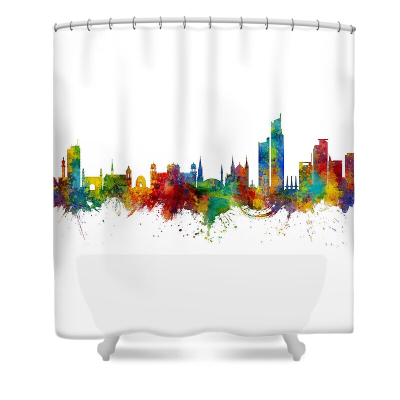 Karachi Shower Curtain featuring the digital art Karachi Pakistan Skyline by Michael Tompsett