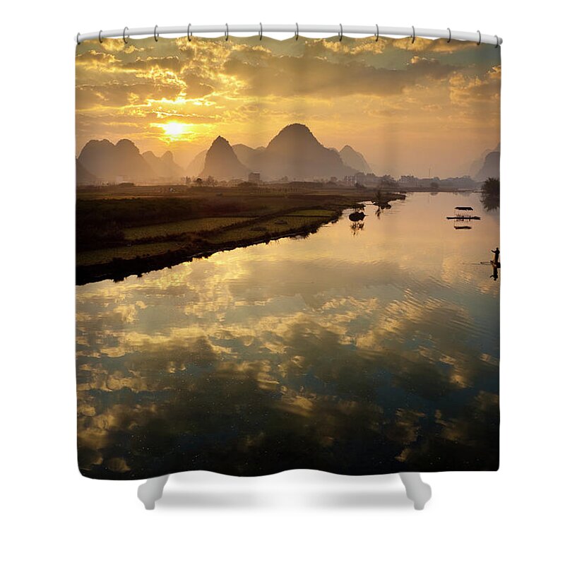 Yangshuo Shower Curtain featuring the photograph Karst Mountains And Fisherman On Raft #1 by Richard I'anson
