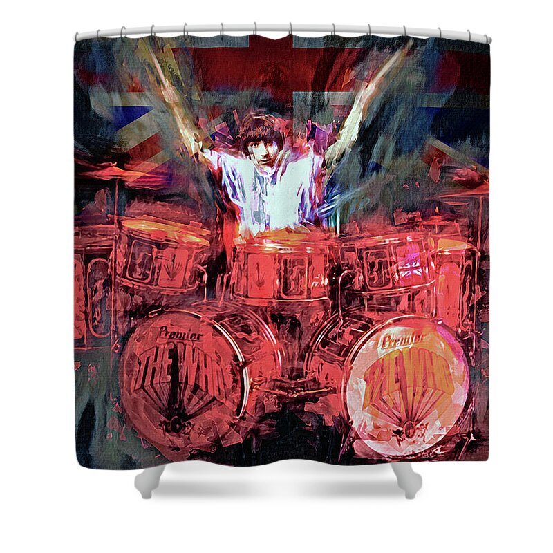 Keith Moon Shower Curtain featuring the mixed media Keith Moon #1 by Mal Bray