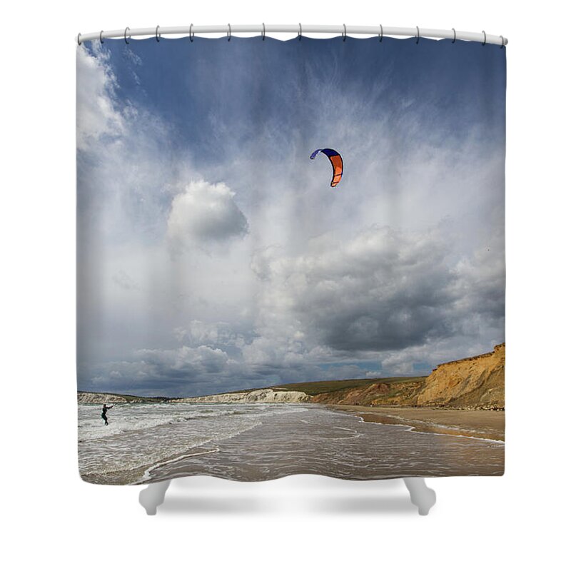 Scenics Shower Curtain featuring the photograph Kitesurfing At Compton Bay, Isle Of #1 by S0ulsurfing - Jason Swain