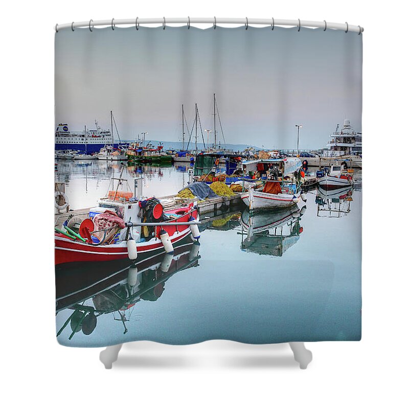 Dawn Shower Curtain featuring the photograph Lavrium Fishing Port #1 by Alexandros Photos