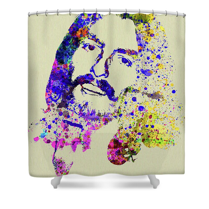 Beatles Shower Curtain featuring the mixed media Legendary George Harrison Watercolor II by Naxart Studio
