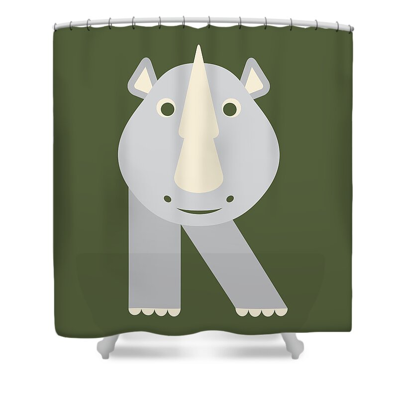 Animal Alphabet Shower Curtain featuring the digital art Letter R - Animal Alphabet - Rhino Monogram by Jen Montgomery