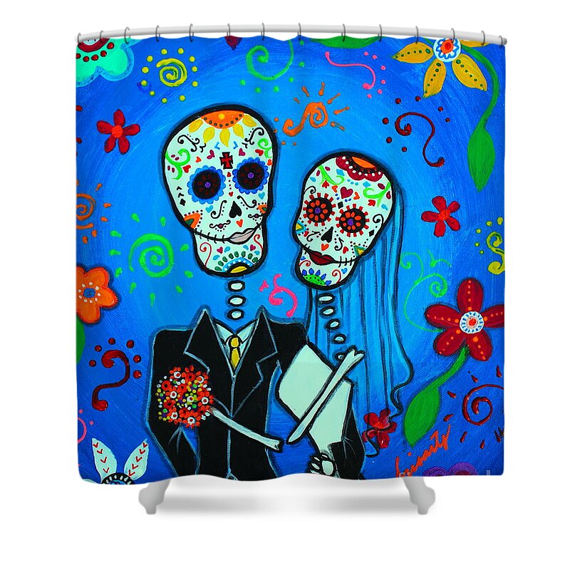 Day Of The Dead Shower Curtain featuring the painting Matrimonio #1 by Pristine Cartera Turkus