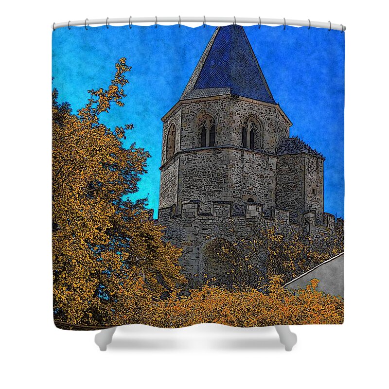 Angel Shower Curtain featuring the digital art Medieval Bell Tower 6 by Jean Bernard Roussilhe