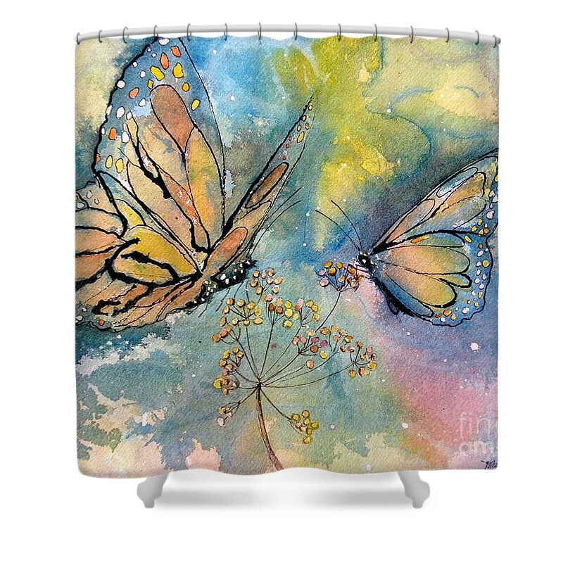 Monarchs Shower Curtain featuring the painting Monarch Butterflies #1 by Midge Pippel