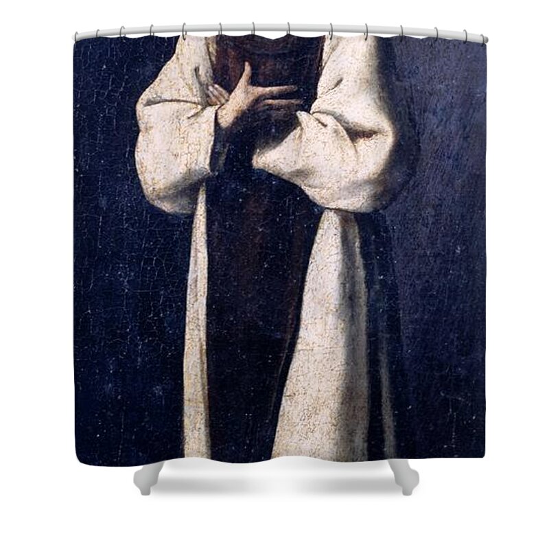 Francisco De Zurbaran Shower Curtain featuring the painting Monasterio de Guadalupe. #1 by Francisco de Zurbaran -c 1598-1664-