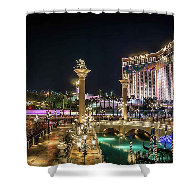 Vegas Shower Curtain featuring the photograph Nightime On Vegas Strip In Las Vegas Nevada #1 by Alex Grichenko