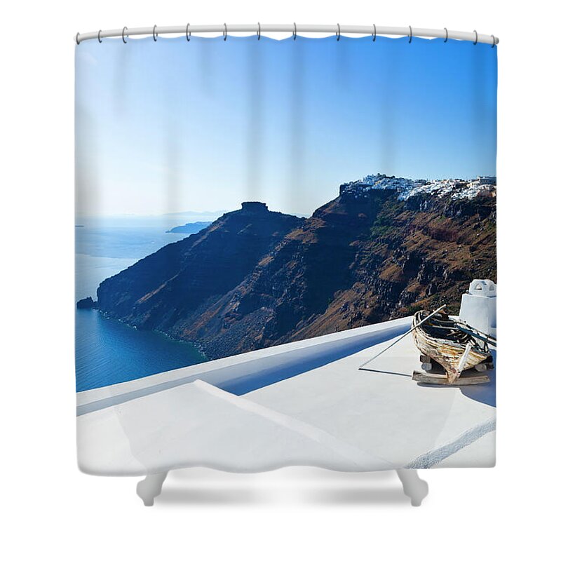Greek Culture Shower Curtain featuring the photograph Obsolete Boat On Roof, Santorini Island #1 by Mbbirdy