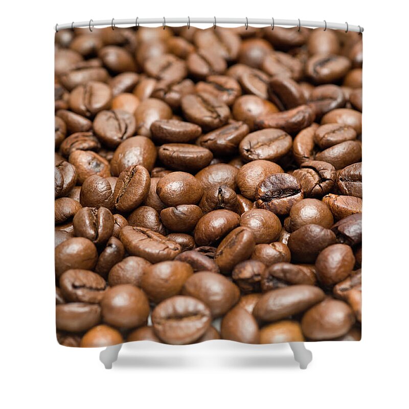 Black Color Shower Curtain featuring the photograph Pile Of Coffee Beans Background #1 by Stockcam