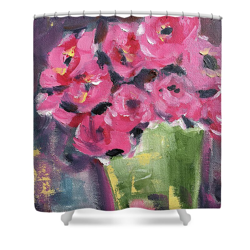 Roses Shower Curtain featuring the painting Pink Roses in a Green Bucket by Roxy Rich
