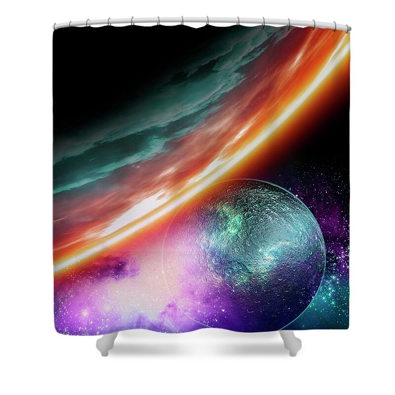 Dust Shower Curtain featuring the digital art Planet And Its Moon, Artwork #1 by Victor Habbick Visions