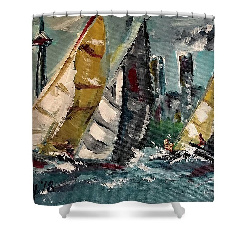 Harbor Shower Curtain featuring the painting Racing Day by Roxy Rich