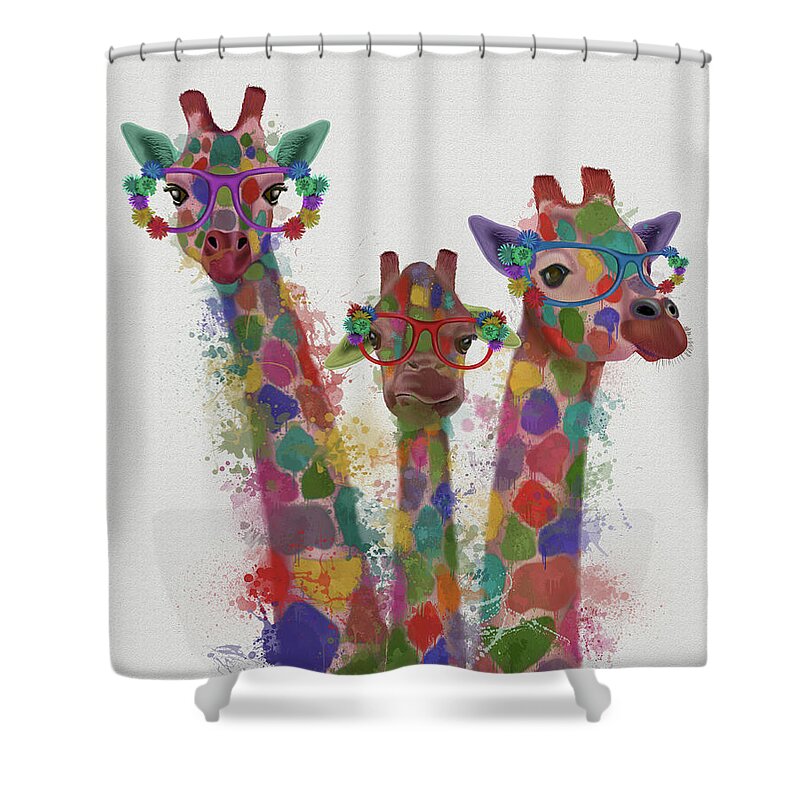 Steampunk Shower Curtain featuring the painting Rainbow Splash Giraffe Trio by Fab Funky