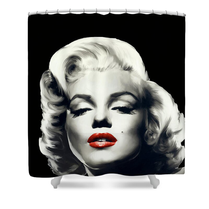 Fashion Shower Curtain featuring the painting Red Lips Marilyn In Black #1 by Chris Consani
