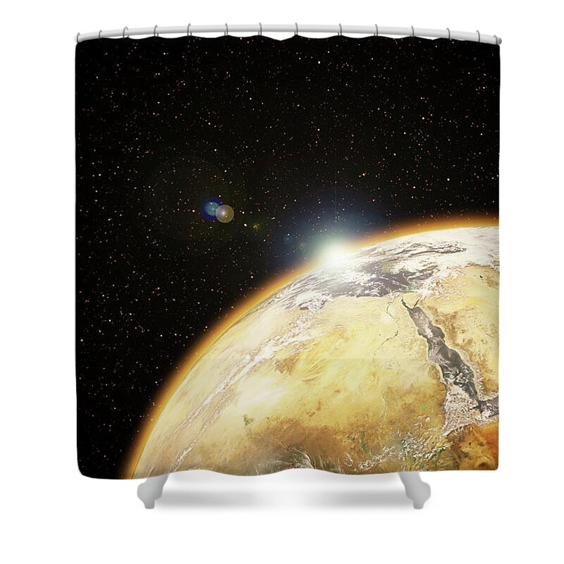 Atmosphere Shower Curtain featuring the photograph Rising Sun Behind Planet #1 by Dem10
