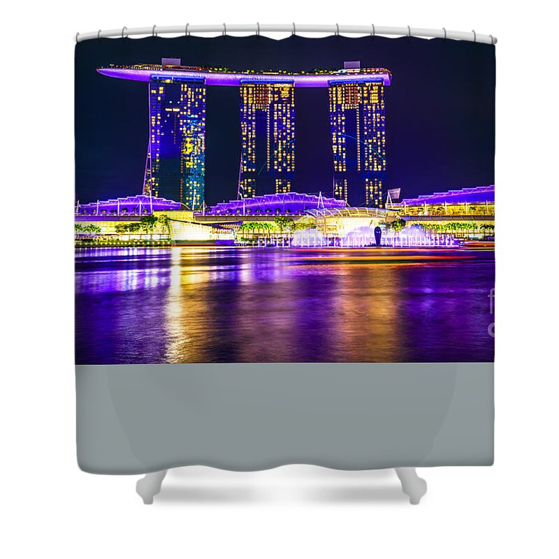 Singapore Shower Curtain featuring the photograph Singapore waterfront by night #1 by Benny Marty