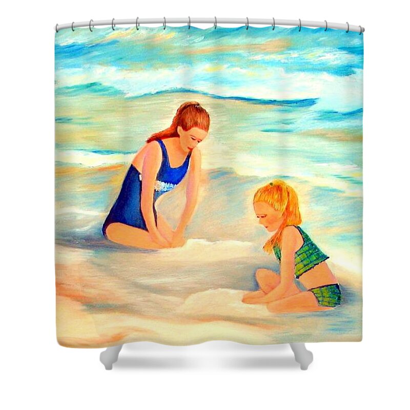 Art Shower Curtain featuring the painting Sisters in the Sand #1 by Shelia Kempf