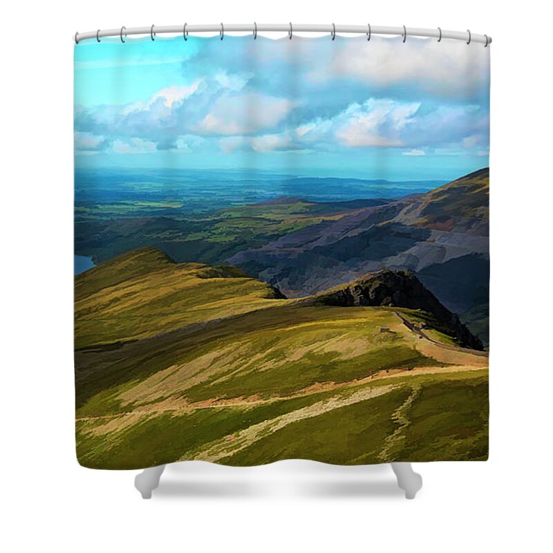 Snowdonia Shower Curtain featuring the digital art Snowdonia #1 by Roger Lighterness