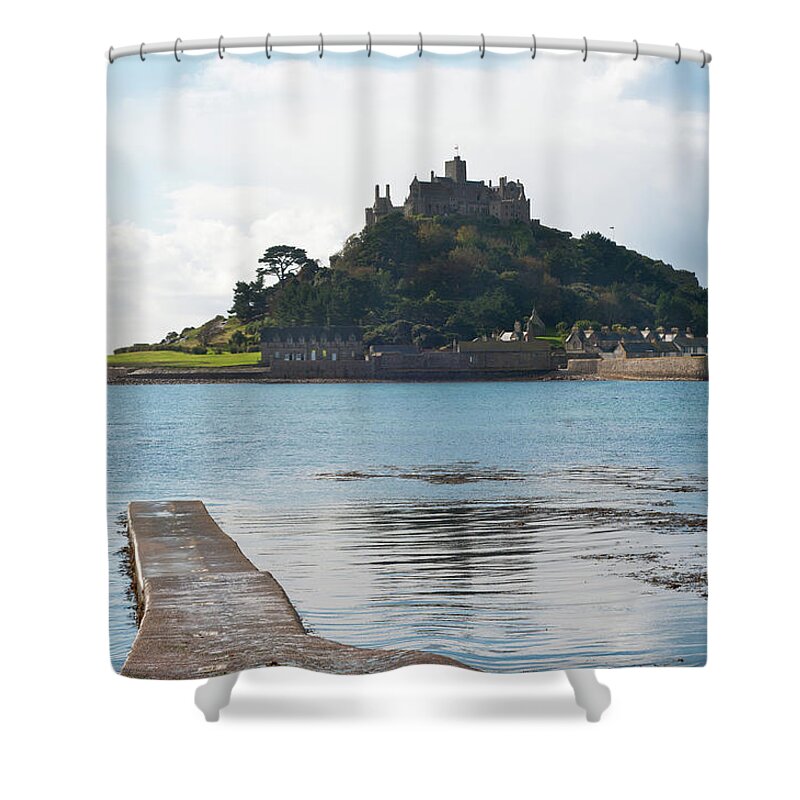 Water's Edge Shower Curtain featuring the photograph St Michaels Mount In Cornwall, England #1 by Tbradford