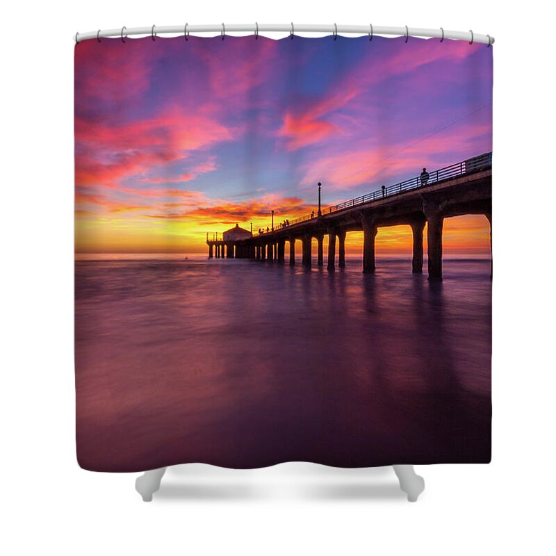 Beach Shower Curtain featuring the photograph Stunning Sunset at Manhattan Beach Pier #1 by Andy Konieczny