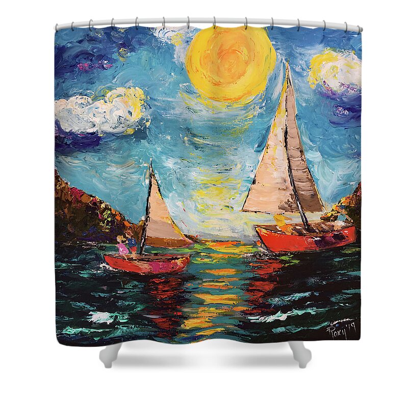 Sailing Shower Curtain featuring the painting Sunny Sails #1 by Roxy Rich