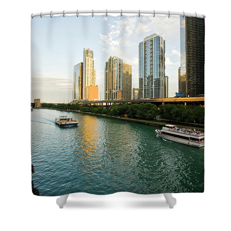 Chicago River Shower Curtain featuring the photograph The Chicago River Runs In A Skyscrapers #1 by Maremagnum