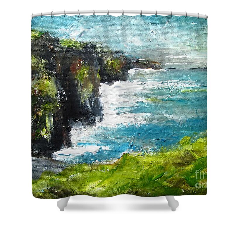 Moher Cliffs Shower Curtain featuring the painting Painting Of The Cliffs Of Moher County Clare Ireland by Mary Cahalan Lee - aka PIXI