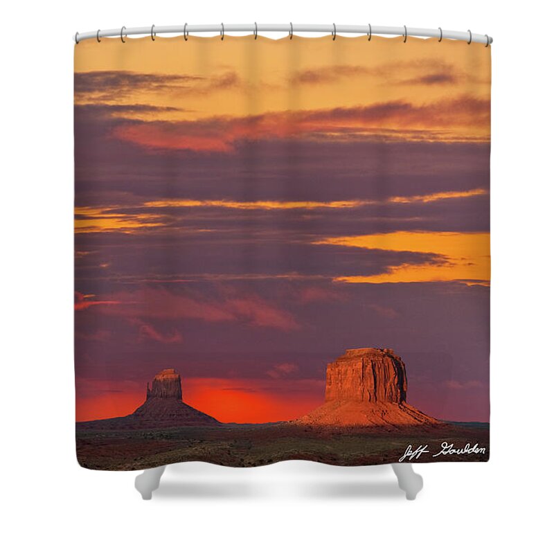Arid Climate Shower Curtain featuring the photograph The Mittens and Merrick Butte at Sunset by Jeff Goulden