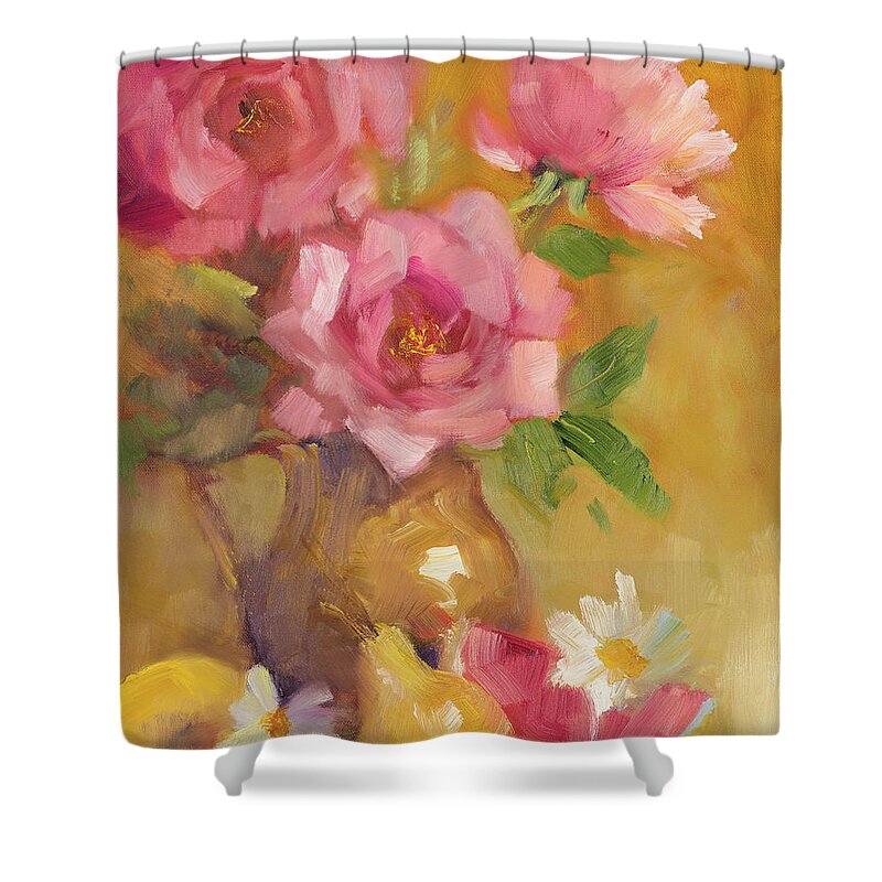 Three Shower Curtain featuring the painting Three Roses by Lanie Loreth
