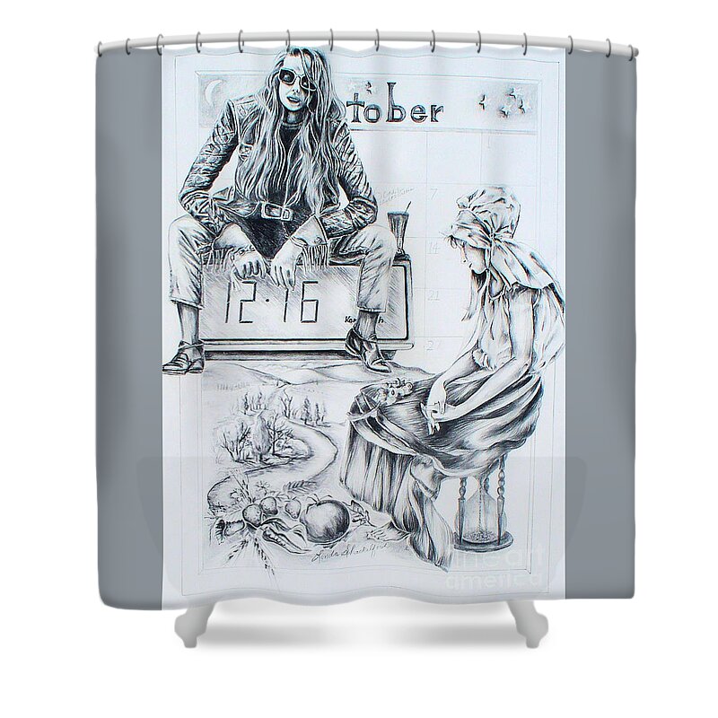 Women Shower Curtain featuring the drawing Time Between Women by Linda Shackelford