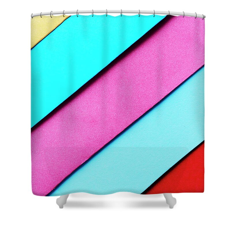 Pastel Shower Curtain featuring the photograph Trendy pastel colors in geometry shape flat lay. Colorful rainbo #1 by Jelena Jovanovic