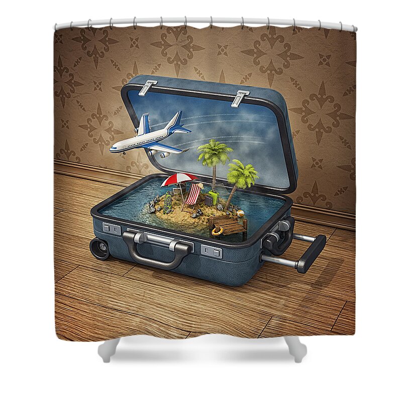 Tropical Tree Shower Curtain featuring the photograph Vacation Island In Suitcase #1 by Pagadesign