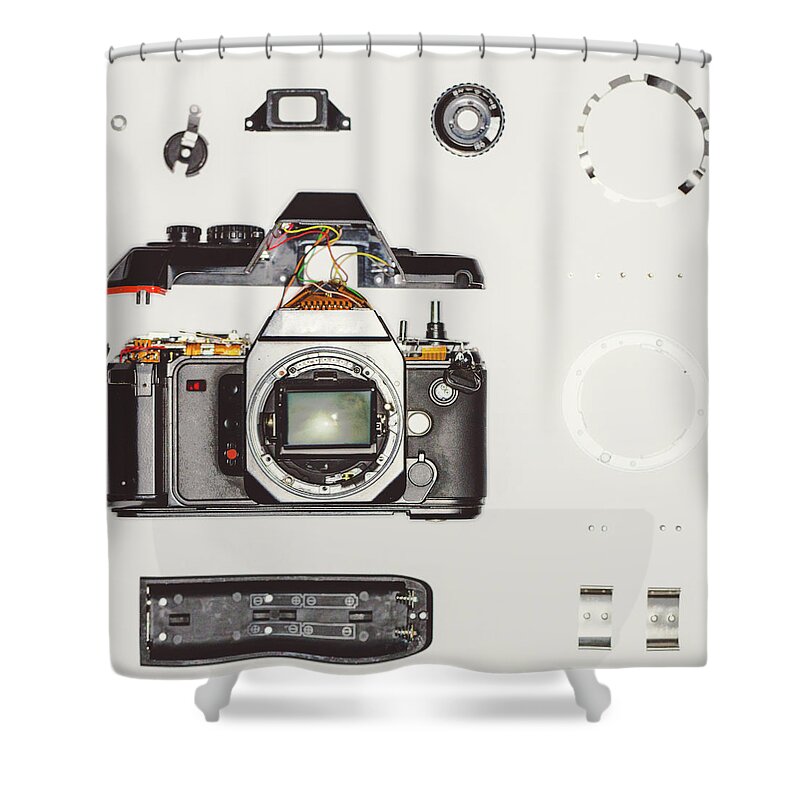 Focus Shower Curtain featuring the photograph Vintage Disassembled Camera #1 by Deimagine